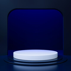 Dark blue room with a white podium for displaying and viewing products - 3D Illustration