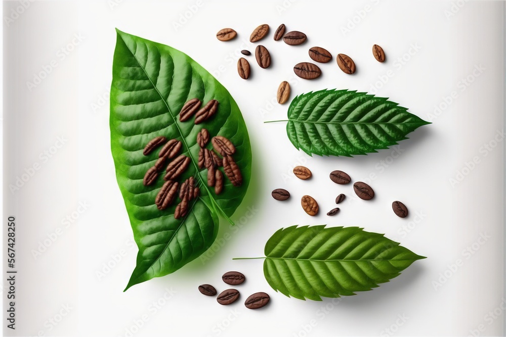 Poster a green leaf and some nuts on a white background with a white background and a green leaf and some n