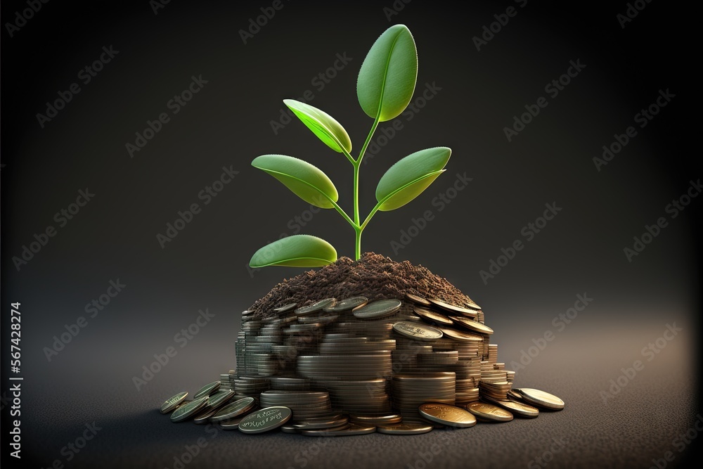 Poster a plant sprouting out of a pile of coins on a dark background with a black background and a black ba