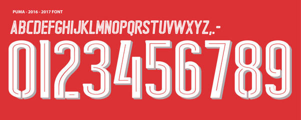 puma font vector team 2016 - 2017 kit sport style font. football style font with lines inside. font world cup. sports style letters and numbers for soccer team © Ozymandias1927