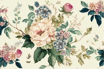 Behang Floral watercolor vintage full background pattern (Ai generated) © thesweetsheep
