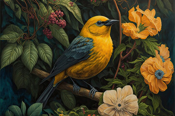 illustration of a yellow and blue songbird sitting on a branch among flowers. Generative AI