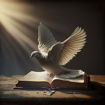 The white dove is a symbol of the holy spirit that descended from heaven over the open Bible. Generative AI