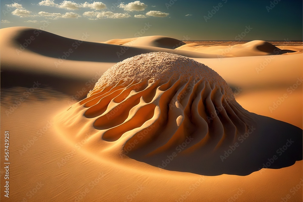 Poster a desert with sand dunes and clouds in the sky and a blue sky with white clouds in the distance and 