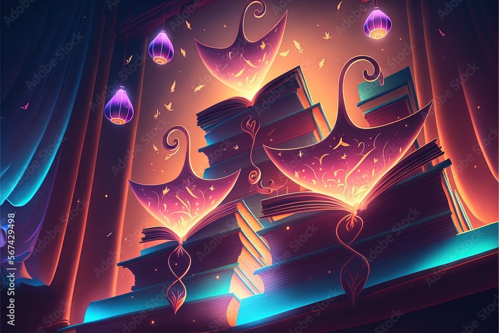 Poster a painting of a stack of books in front of a window with lights coming from it and hanging from the 