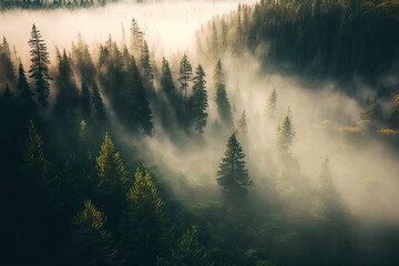 landscape with fir trees in the fog. Generative AI