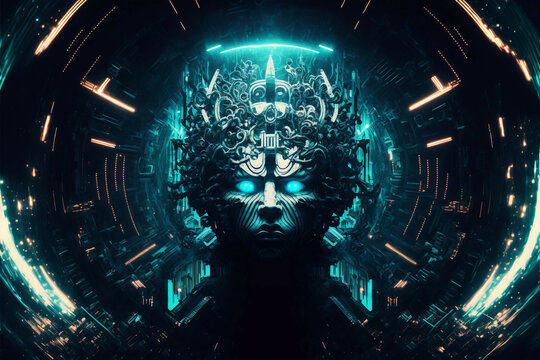 cyber god face installed in complex machinery in virtual space room new quality universal colorful technology stock image illustration design, generative ai