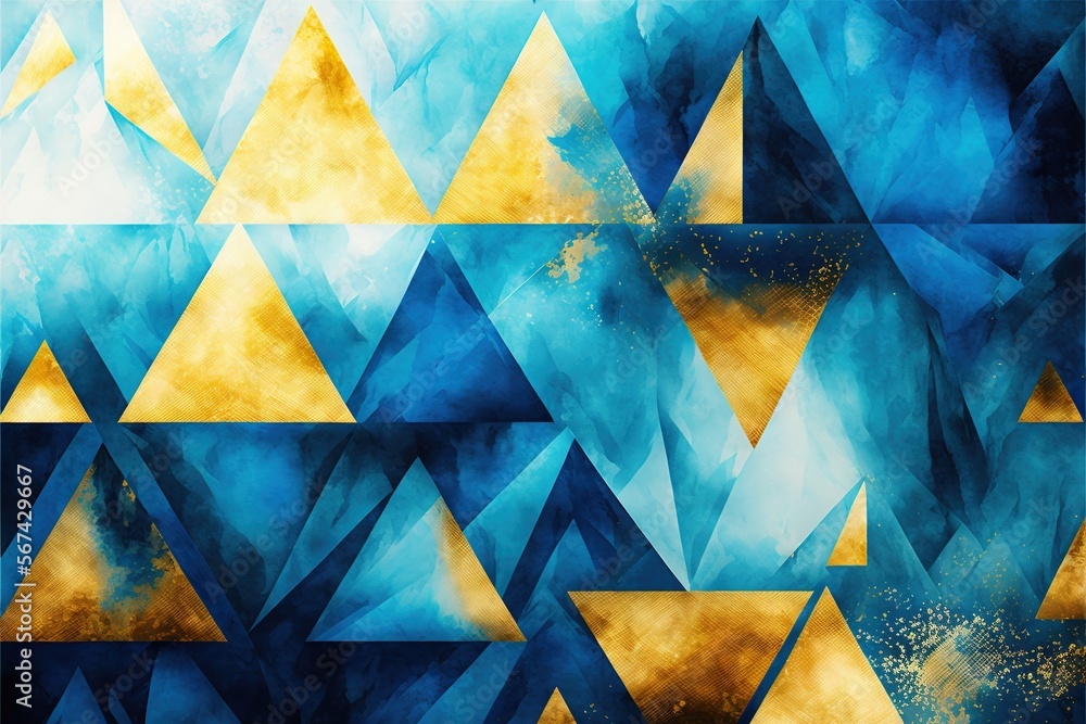 Poster a painting of blue and gold triangles on a blue and yellow background with a yellow triangle in the 