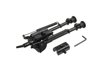 Modern metal folding bipod for a rifle or carbine. A device for the convenience of shooting. Isolate on a white back.
