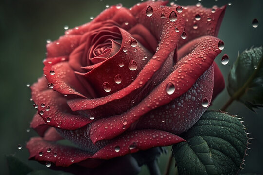 Beautiful red rose in dew drops in nature close-up