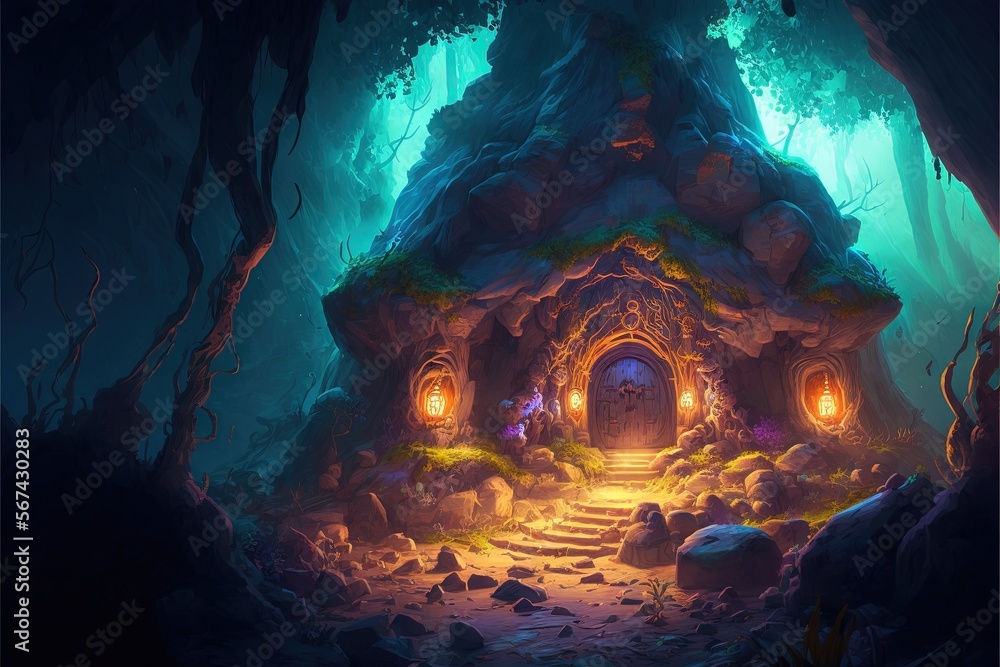 Poster a painting of a cave with a light at the end of the tunnel in the middle of the forest with a stairc