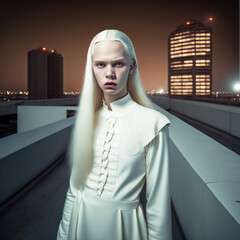 Generative ai portrait beautiful albino woman fashionable posing outdoor city looking camera glamorous. - obrazy, fototapety, plakaty