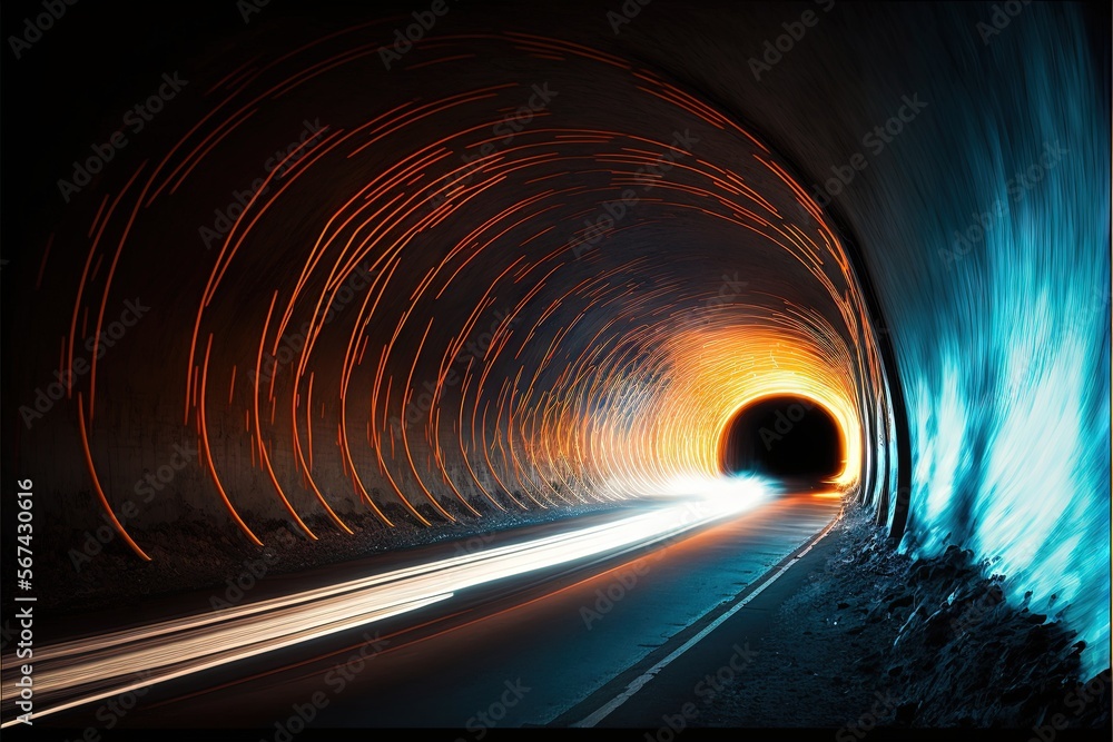 Poster a long tunnel with light streaks coming out of the end of it and a car going through the tunnel at t