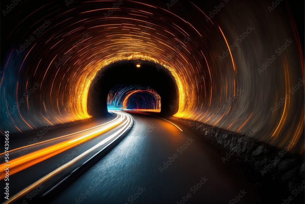 Aufkleber a long tunnel with a light at the end of the tunnel and a car going through it at the end of the tun