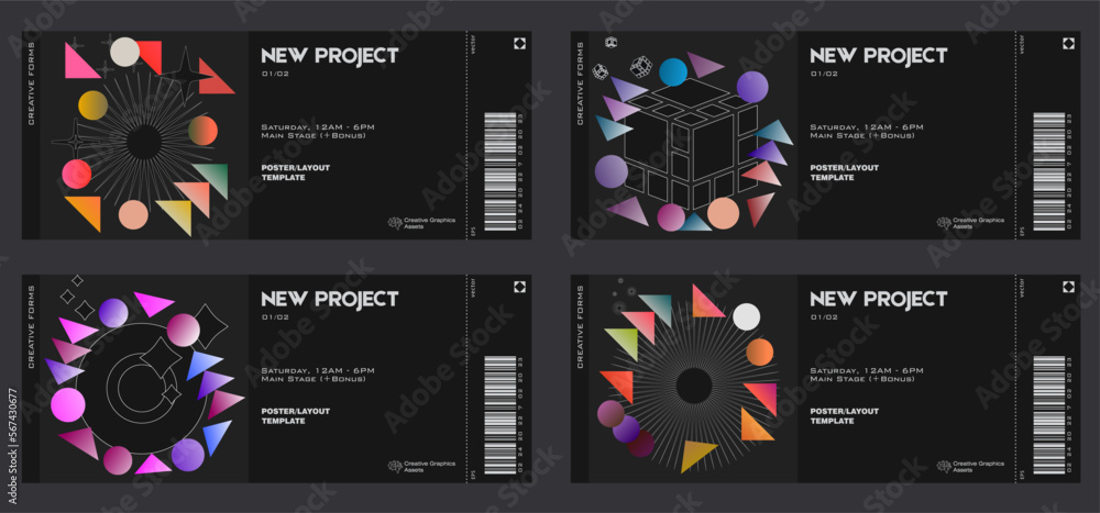 Poster abstract art geometrical ticket design with editable text and graphics. modern geometry composition 