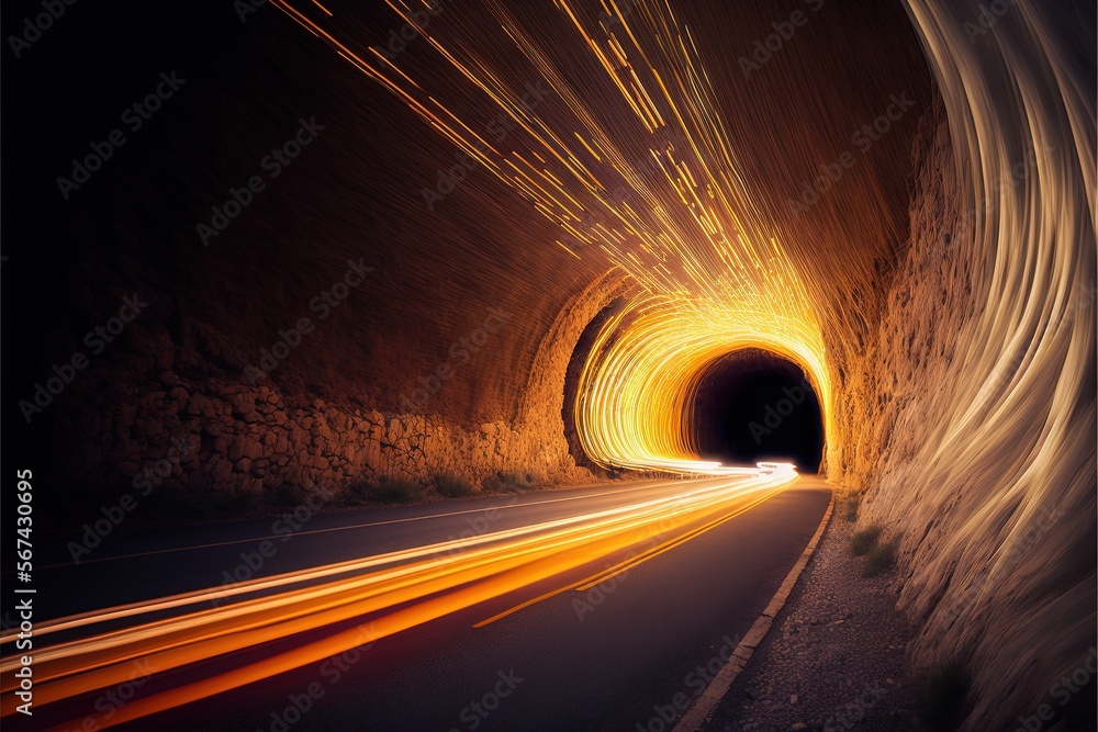 Poster a tunnel with light streaks coming out of the end of it and a car going through it in the middle of 
