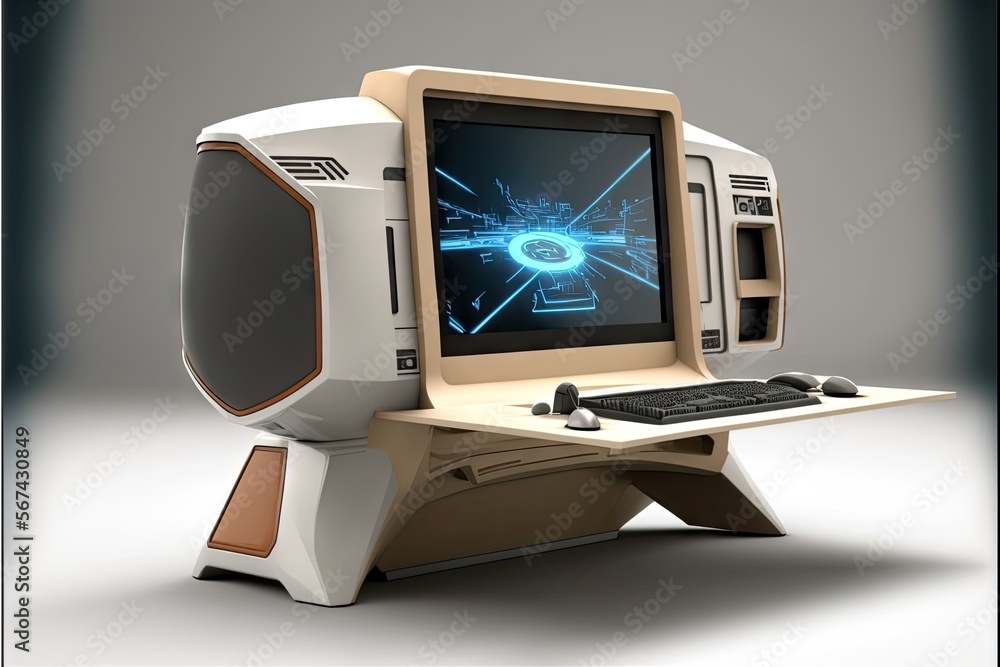 Poster old computer with a blue screen on a gray background