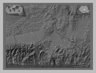 Brasov, Romania. Grayscale. Labelled points of cities