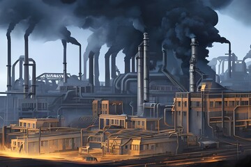 oil refinery factory, smoke, 1800, midwest - obrazy, fototapety, plakaty