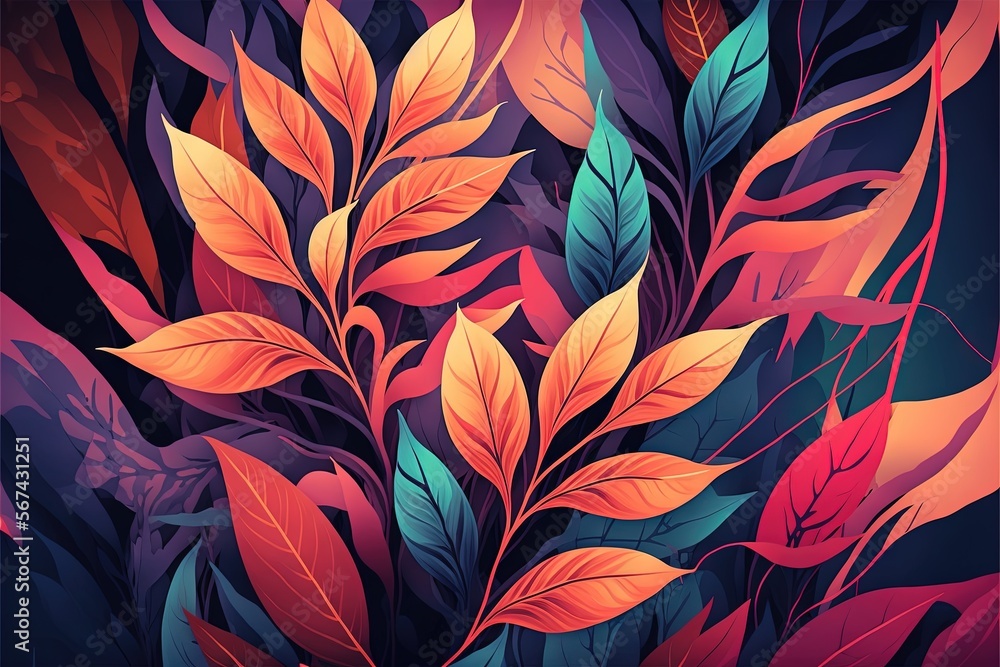 Poster a painting of colorful leaves on a black background with a red and green color scheme in the middle 