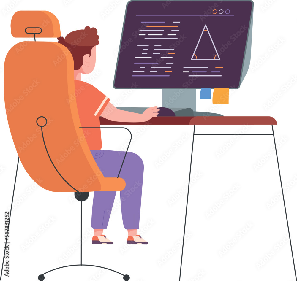 Poster kid doing math on computer screen. geometry lesson
