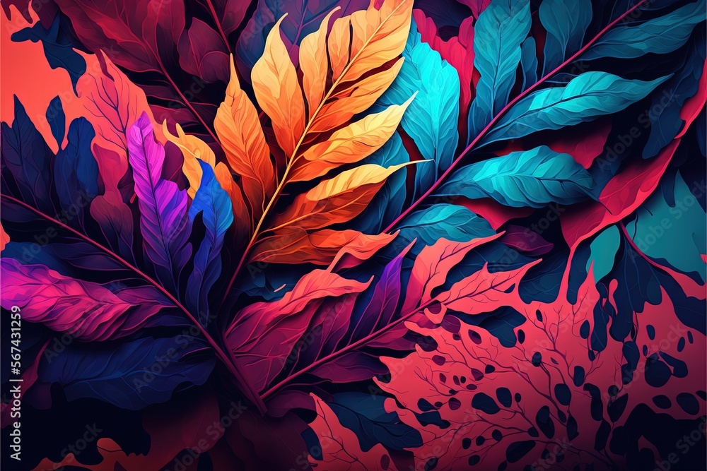 Poster a painting of a colorful leaf on a red and blue background with red and green leaves on the left sid