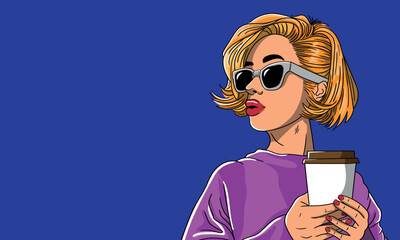 Beautiful smiling young woman in glasses holding coffee in her hands.Pop art woman holding coffee.