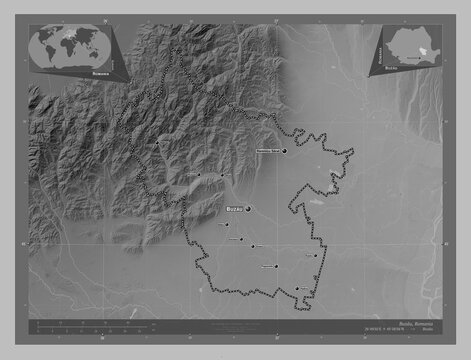 Buzau, Romania. Grayscale. Labelled points of cities