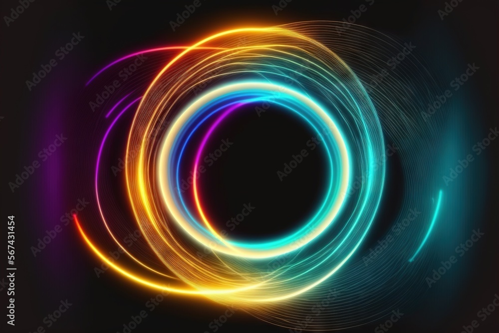 Aufkleber an abstract background with a circular design in blue, yellow, and purple colors on a black backgrou