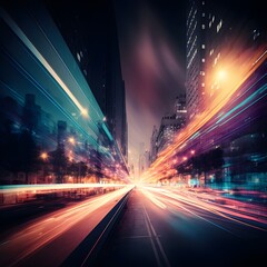 Abstract cityscape with motion blur and light trails at night