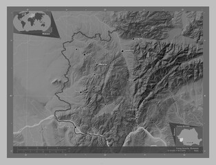 Caras-Severin, Romania. Grayscale. Labelled points of cities