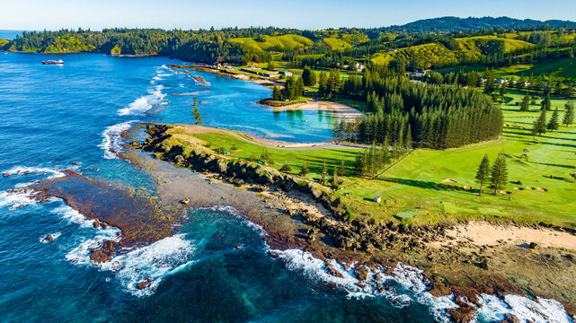 Aerial of Emily Bay, UNESCO World Heritage Site, Norfolk island, Australia