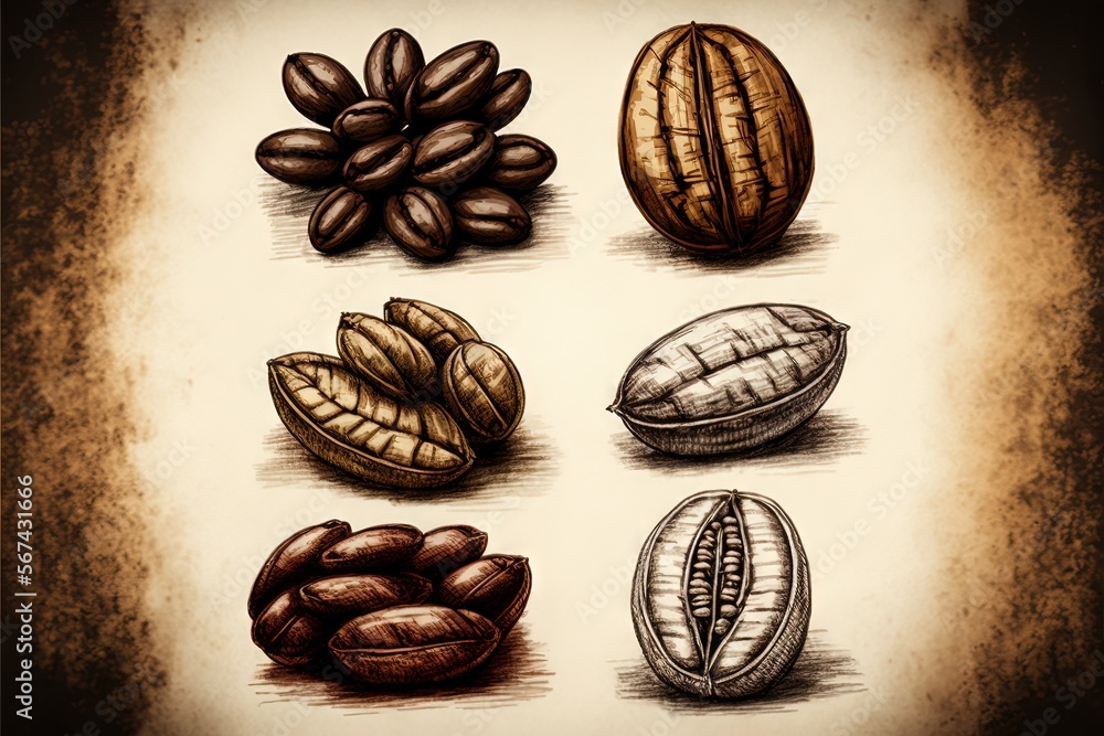 Poster a drawing of different types of nuts on a table top with a brown background and a white border aroun