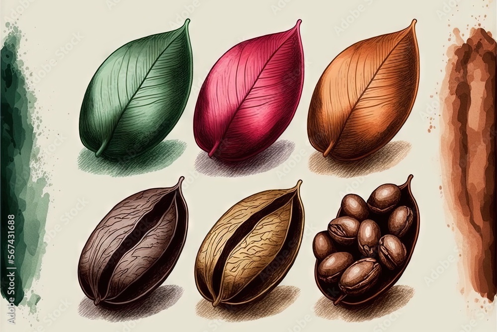 Poster a group of different types of nuts on a white background with a green and red leaf on top of it and 