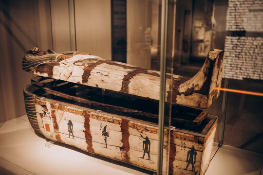 Turin, Italy - June 21th 2022: Exhibition of mummies, artifacts and Egyptian finds at the Egyptian Museum of Turin