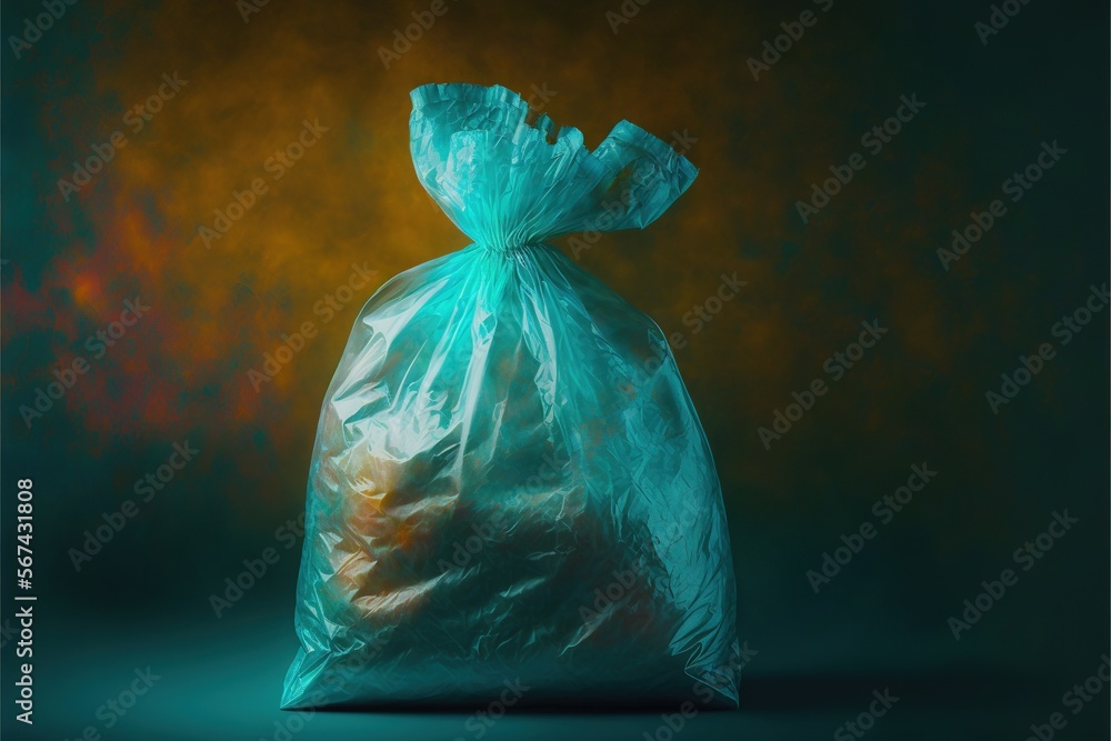 Poster a bag of garbage sitting on top of a green tablecloth covered tablecloth with a yellow and red backg