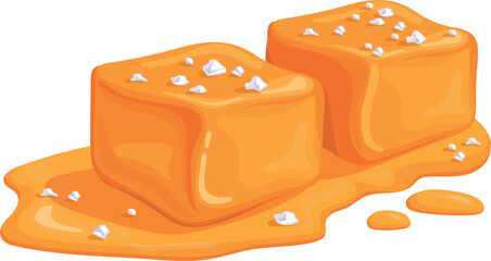Salted caramel cubes. Melted sweet cartoon candy