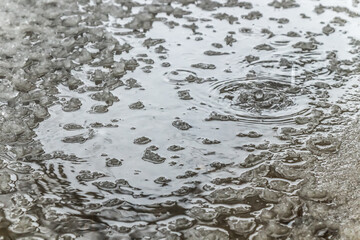 Dirty puddle with ice chunks and drip splashes