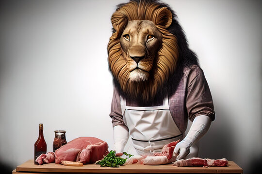 ai generated close up portrait of ofa a lion dressed asa a butcher 