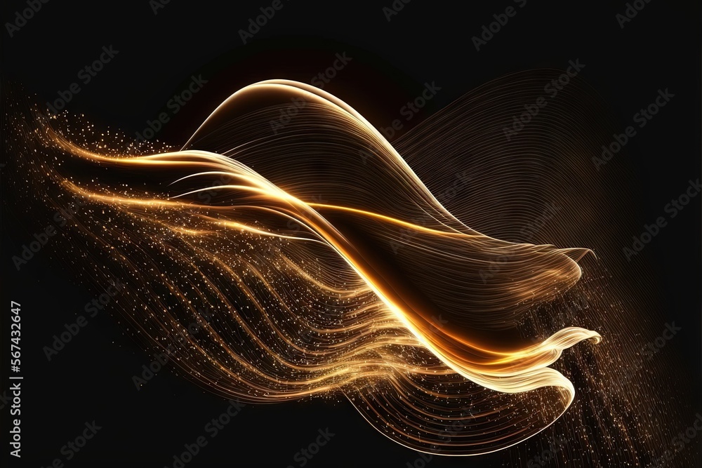 Poster an abstract golden wave on a black background with a light effect in the middle of the image and a b