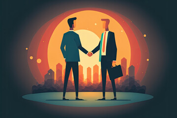 Two business men silhouettes shake hands at sunset. flat. Generative AI