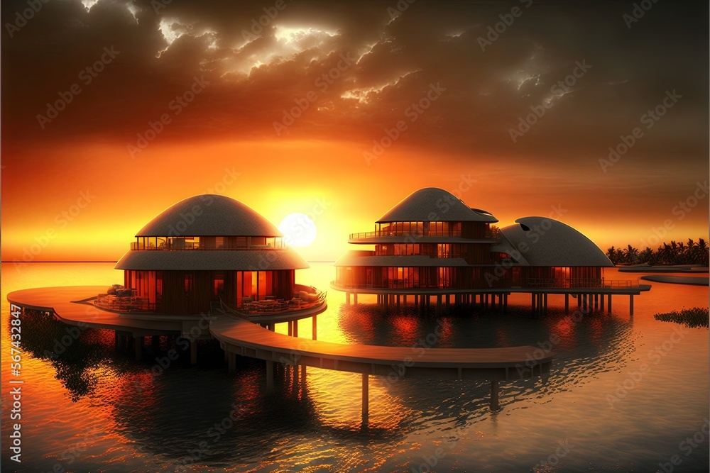Poster a group of floating houses on a body of water with the sun setting in the background and clouds in t