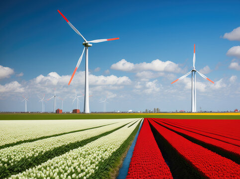 white and red tulips in the netherlands in the background are wind turbines. Generative AI