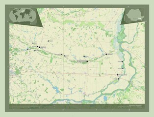 Fototapeta premium Ialomita, Romania. OSM. Labelled points of cities