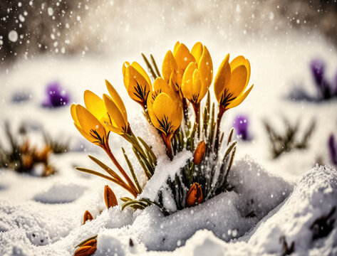 yellow tulips in winter snow. Generative AI