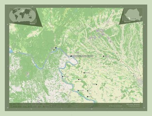 Mehedinti, Romania. OSM. Labelled points of cities