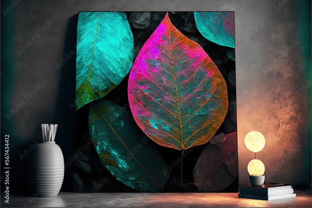 Aufkleber a painting of a leaf on a wall next to a lamp and a vase with a light bulb on top of a table next to
