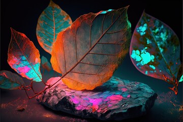  a group of leaves sitting on top of a rock next to a glowing light in the dark night sky, on a black surface, with a colorful background.  generative ai - obrazy, fototapety, plakaty