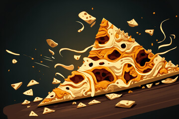 An image of a nacho in close up with cheese pouring off it on a dark background. Generative AI