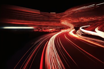  a blurry photo of a highway at night with a long exposure of the light from the car's headlights on the road and the road.  generative ai - obrazy, fototapety, plakaty